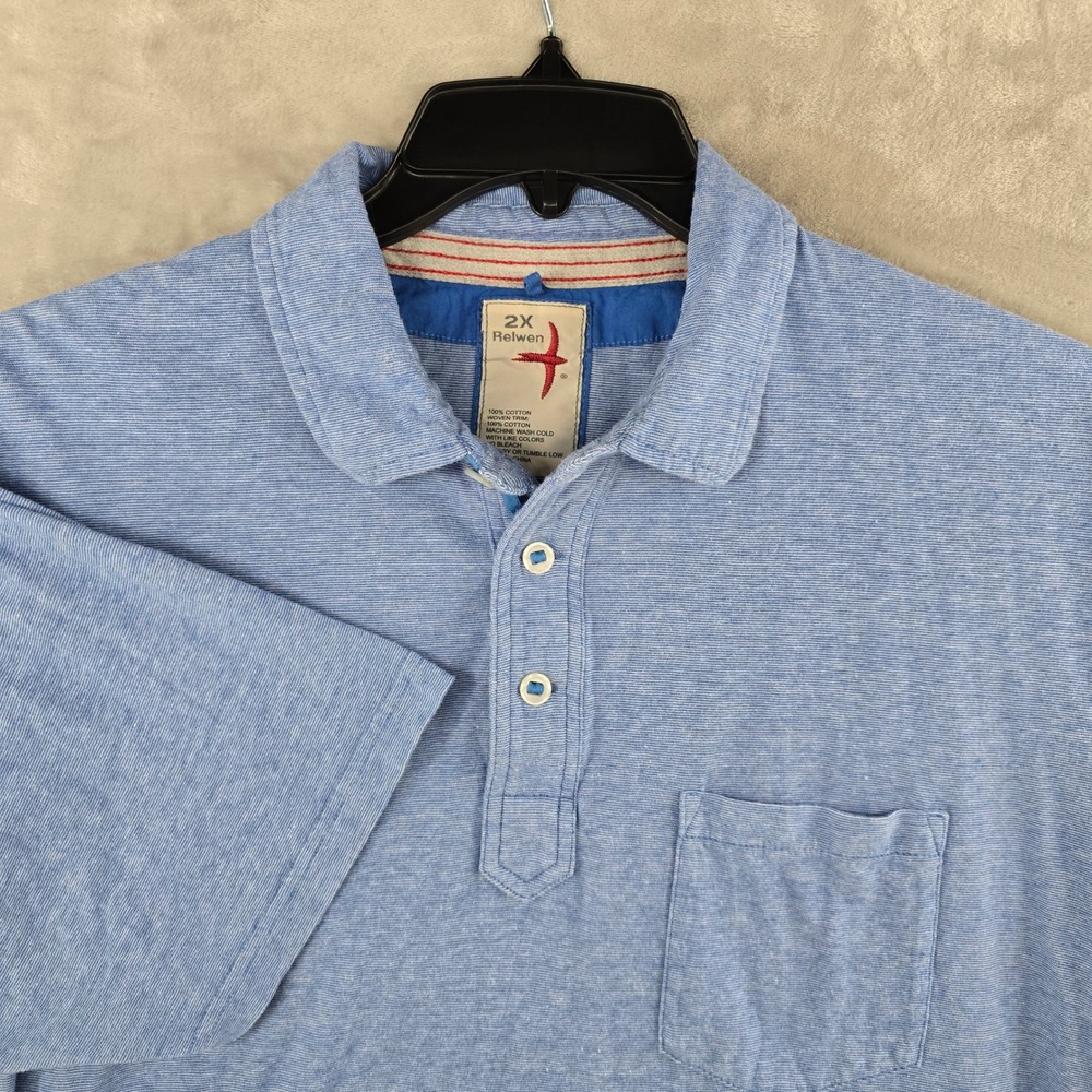 Relwen Polo Shirt Mens 2X Blue Striped Short Sleeve Pocket Cotton Jersey Pique